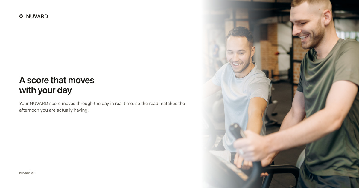 Two men smiling during a workout at the gym. Headline: a score that moves with your day.