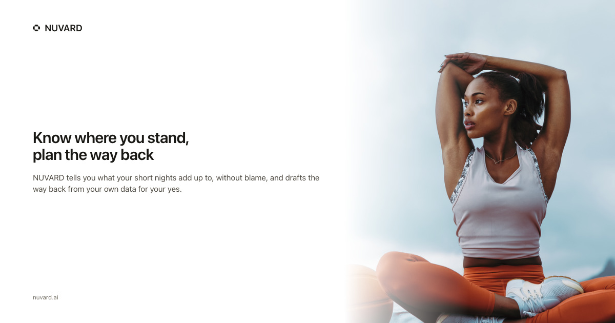 A woman stretching outdoors. Headline: know where you stand, plan the way back.
