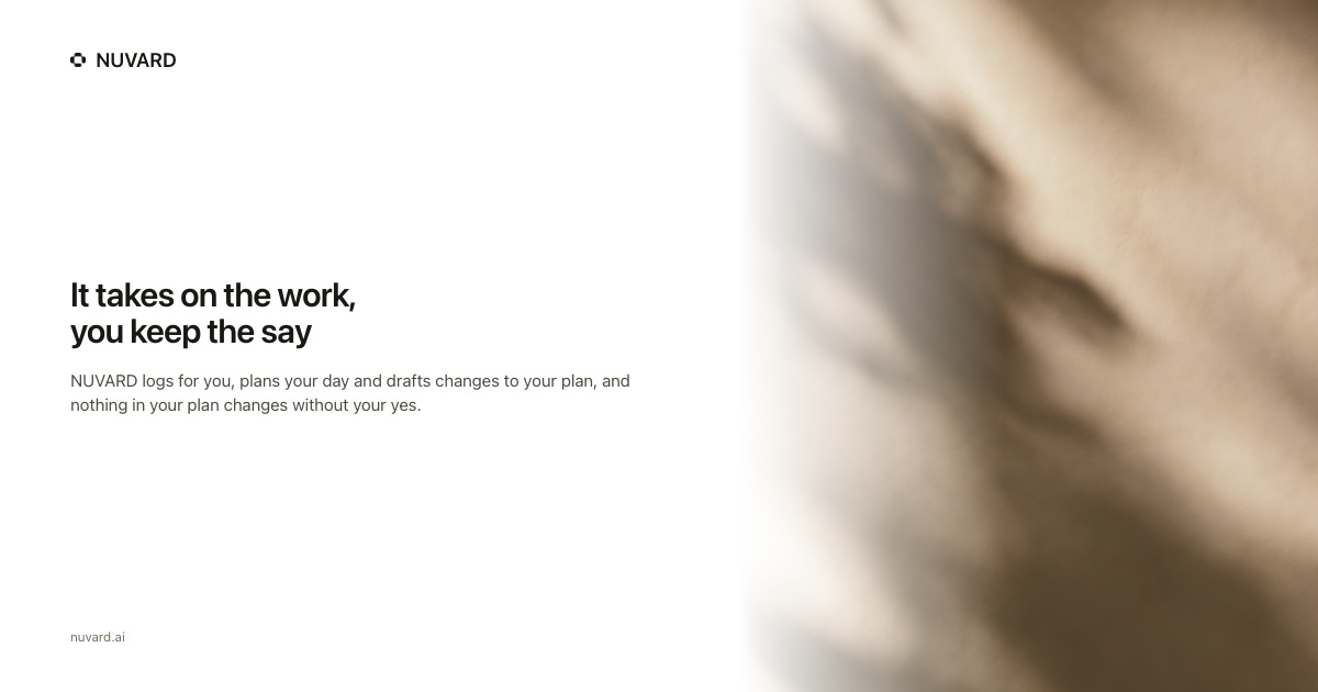 Soft shadow on a warm wall. Headline: it takes on the work, you keep the say.