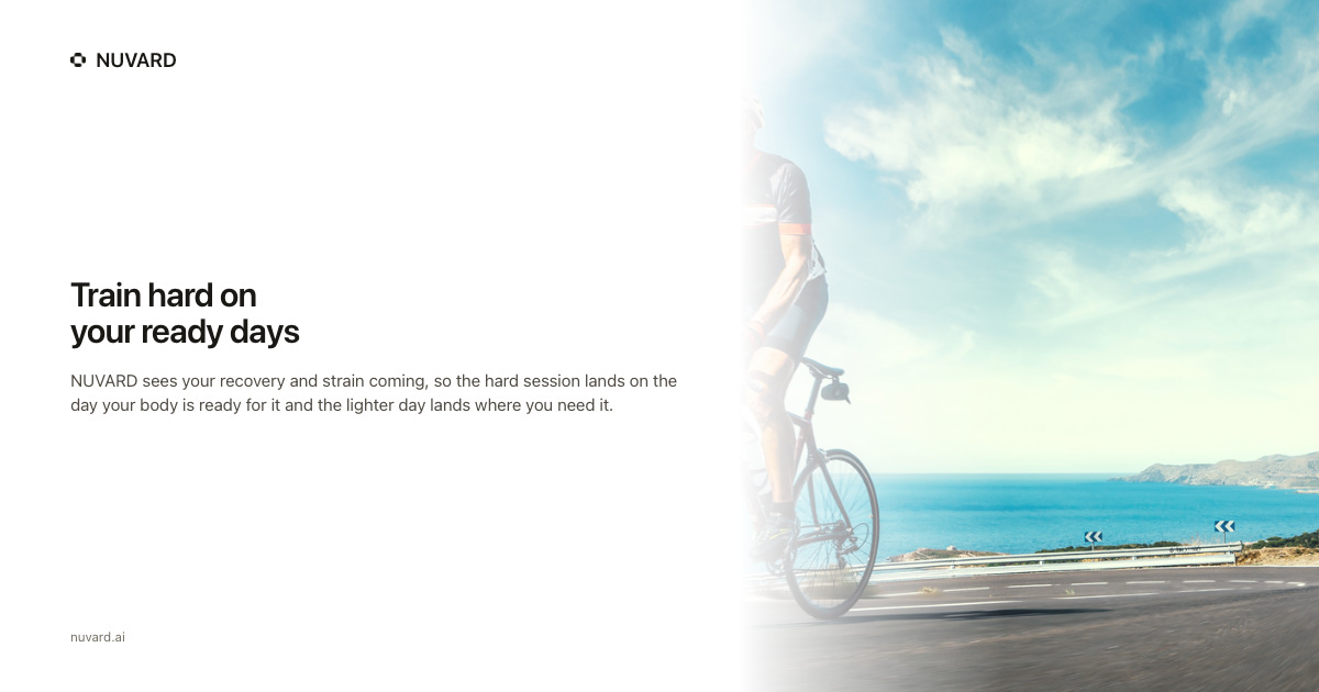 A cyclist riding a coastal road under a bright sky. Headline: train hard on your ready days.