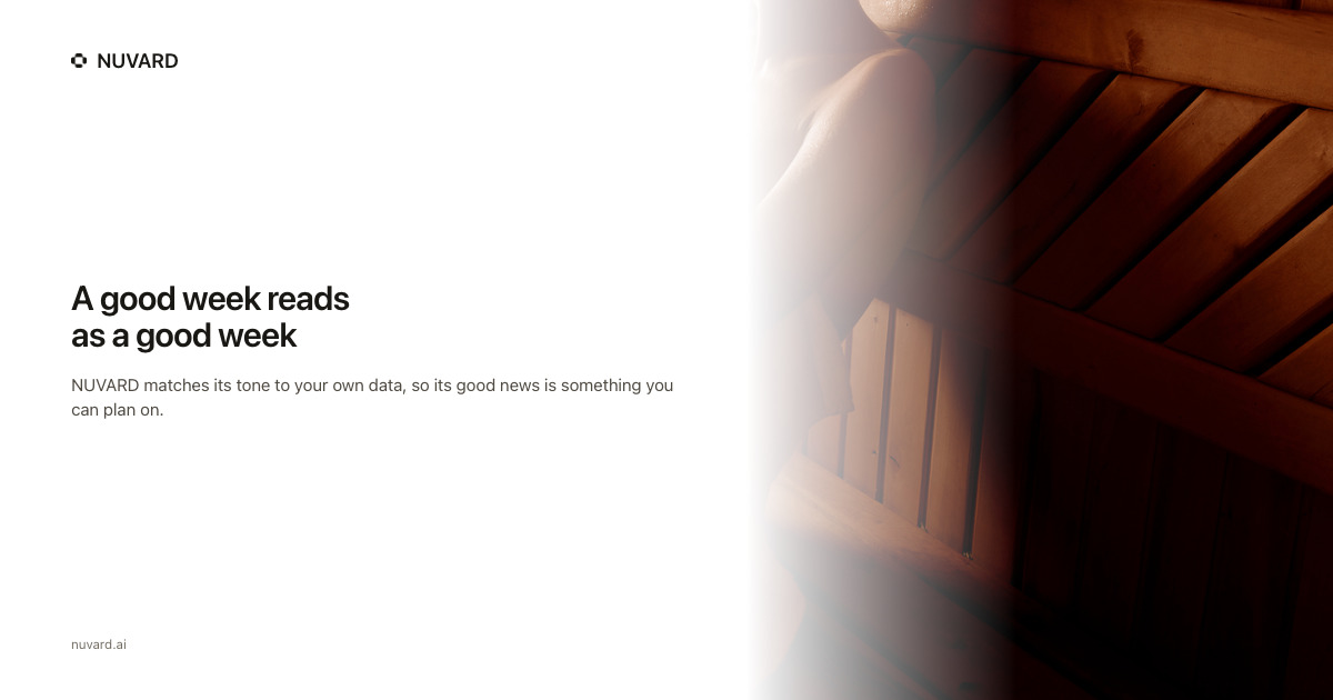 Warm wooden sauna slats in low light beside a white panel. Headline: a good week reads as a good week.