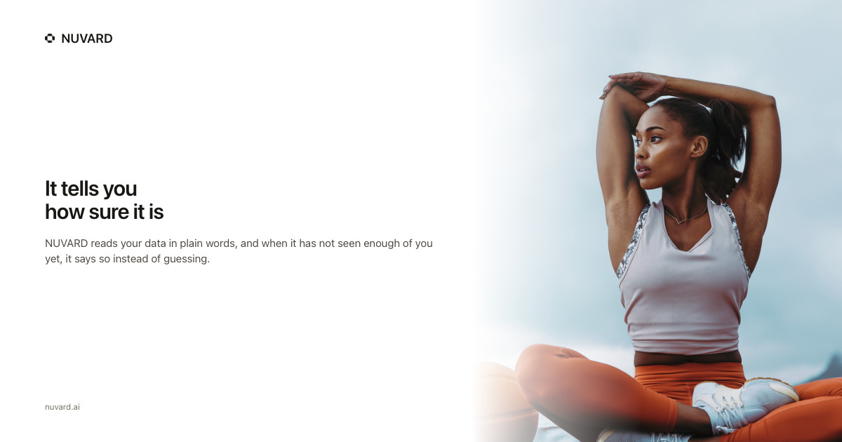 A woman stretching outdoors under a pale sky. Headline: it tells you how sure it is.