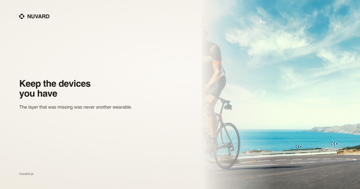 A cyclist on a coast road under bright sky. Headline: keep the devices you have.