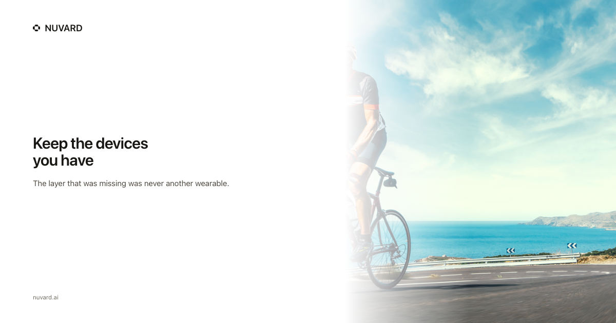 A cyclist on a coast road under bright sky. Headline: keep the devices you have.
