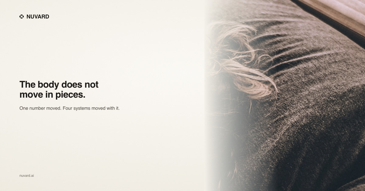 A person asleep, hair across dark bedding. Headline: the body does not move in pieces.