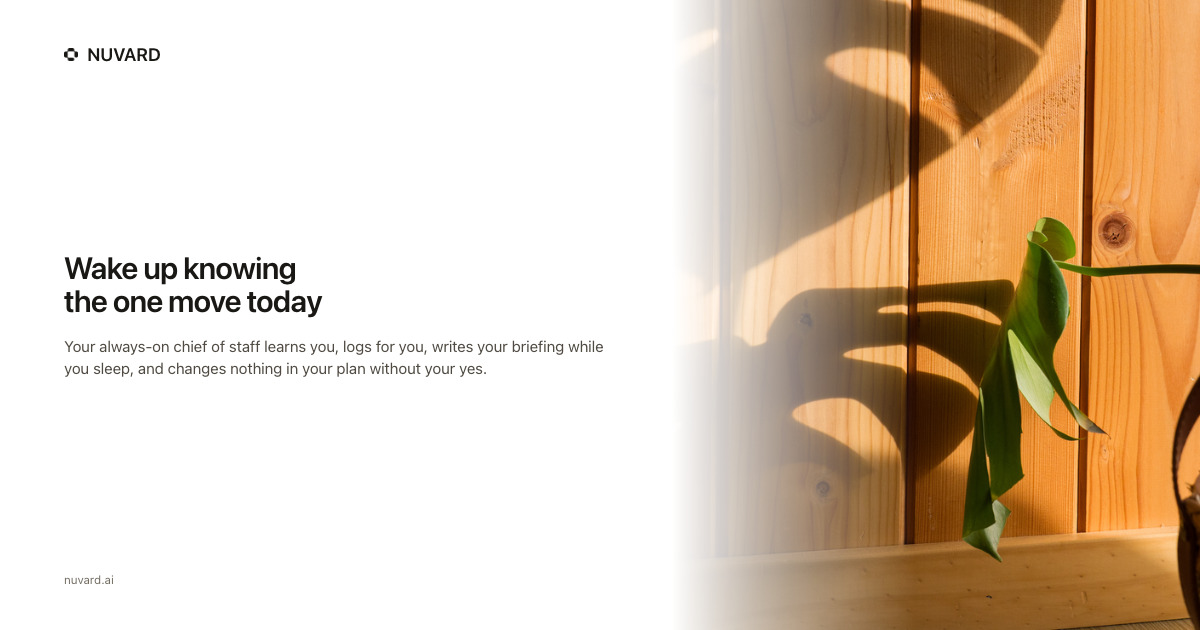 A wooden wall with a plant casting a shadow in morning light. Headline: wake up knowing the one move today.