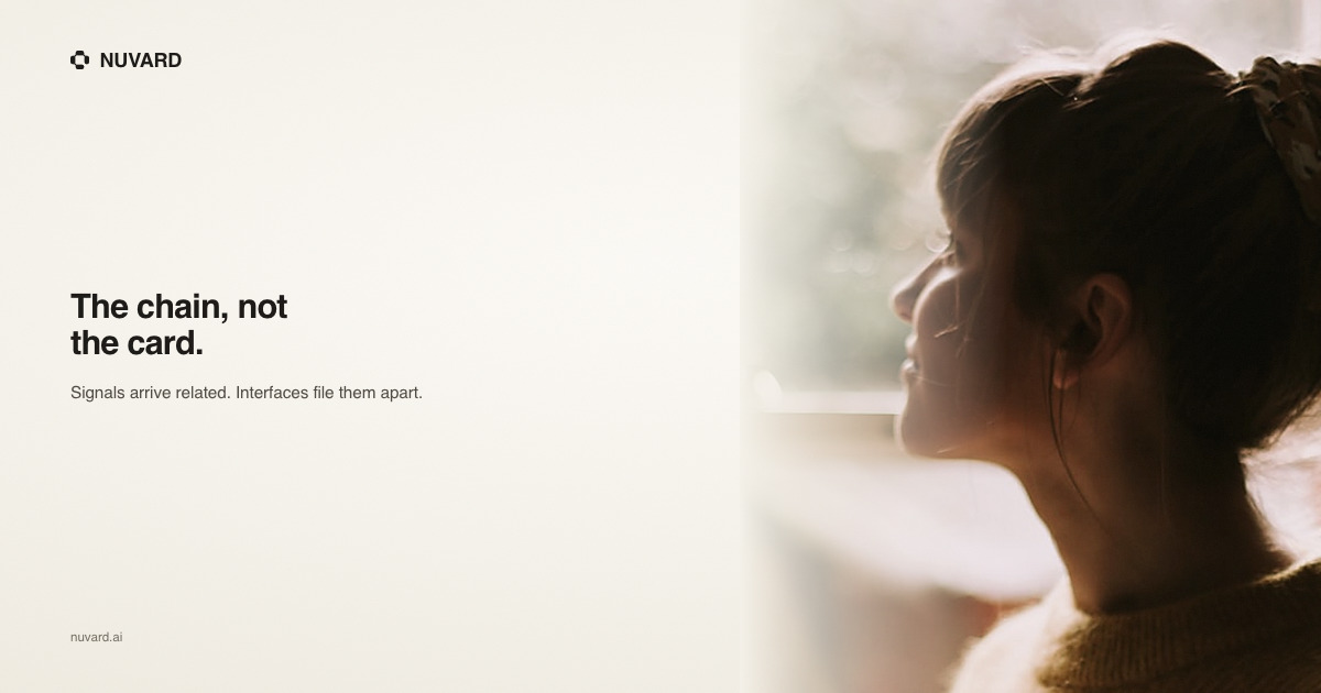 A woman in profile at a window, backlit. Headline: the chain, not the card.