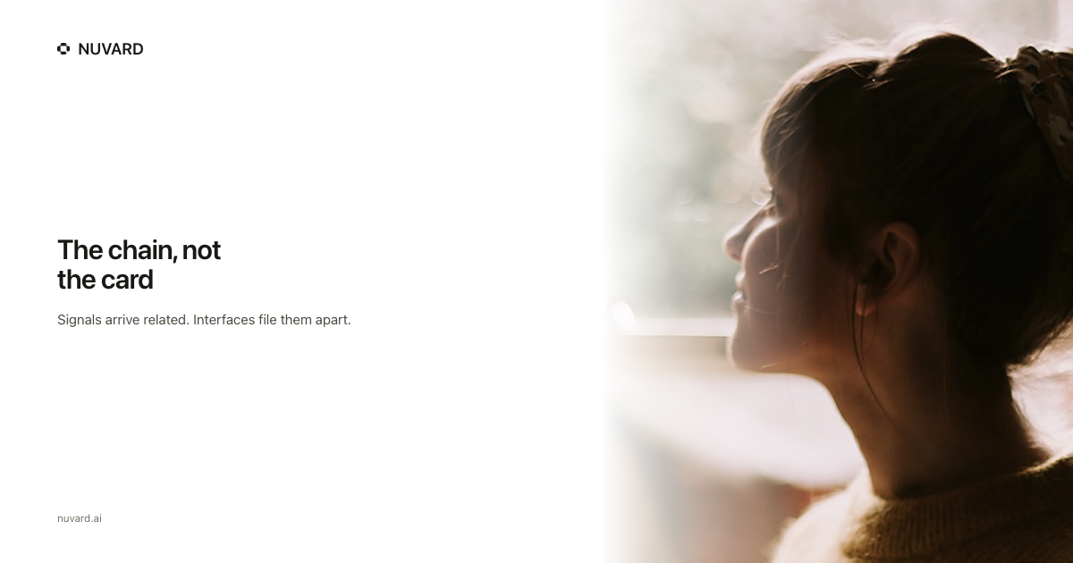 A woman in profile at a window, backlit. Headline: the chain, not the card.