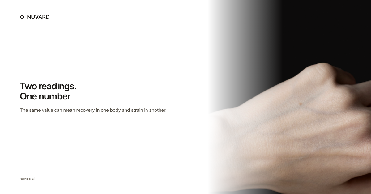 A hand at rest against a pale wall. Headline: two readings, one number.