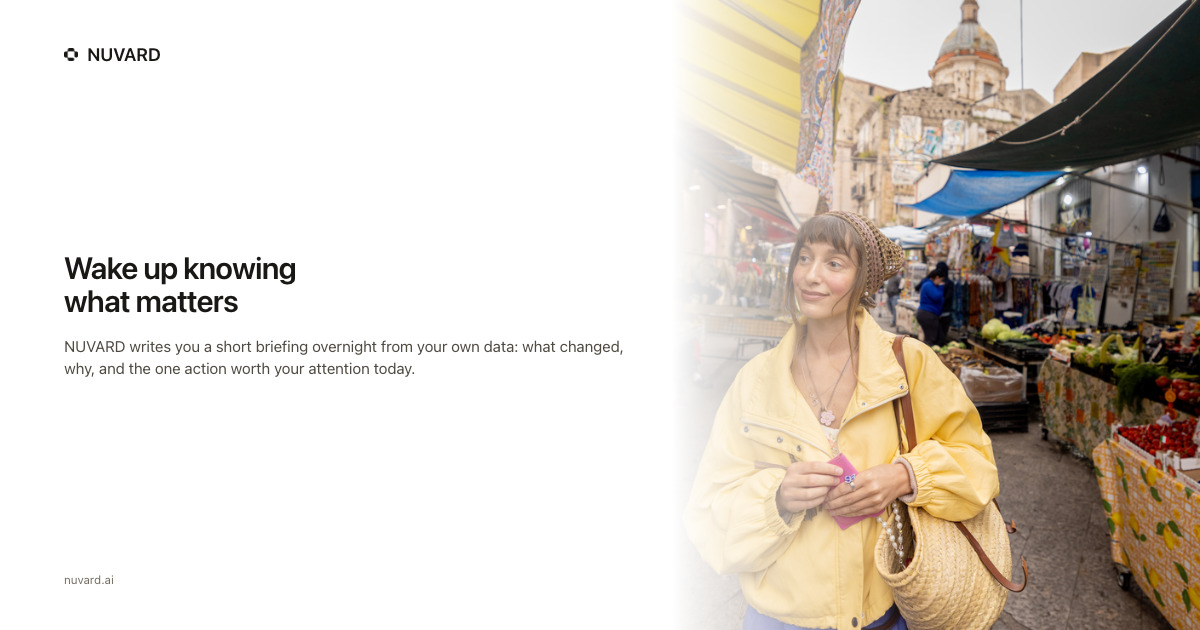 A woman in a yellow jacket at a sunny street market. Headline: wake up knowing what matters.