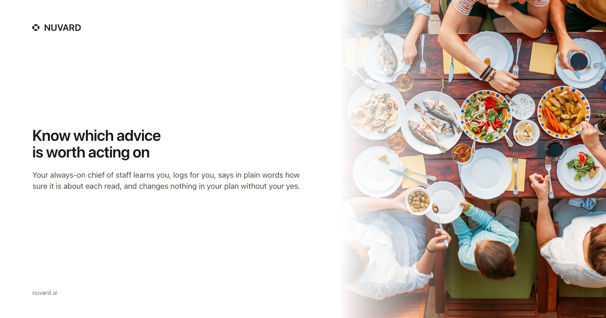 A shared table of food seen from above. Headline: know which advice is worth acting on.